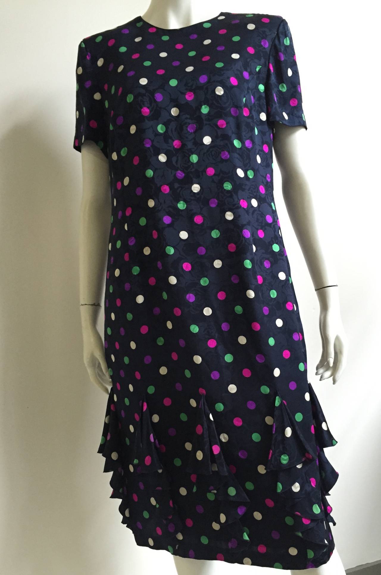 Louis Feraud silk navy with polka dot dress size 10, 1980s For Sale 1