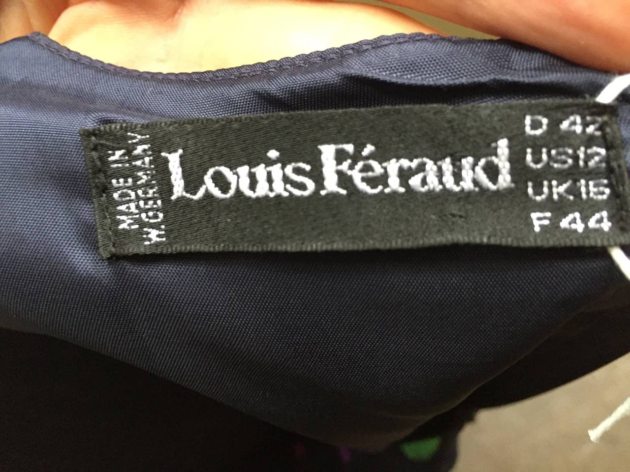 Women's Louis Feraud silk navy with polka dot dress size 10, 1980s For Sale