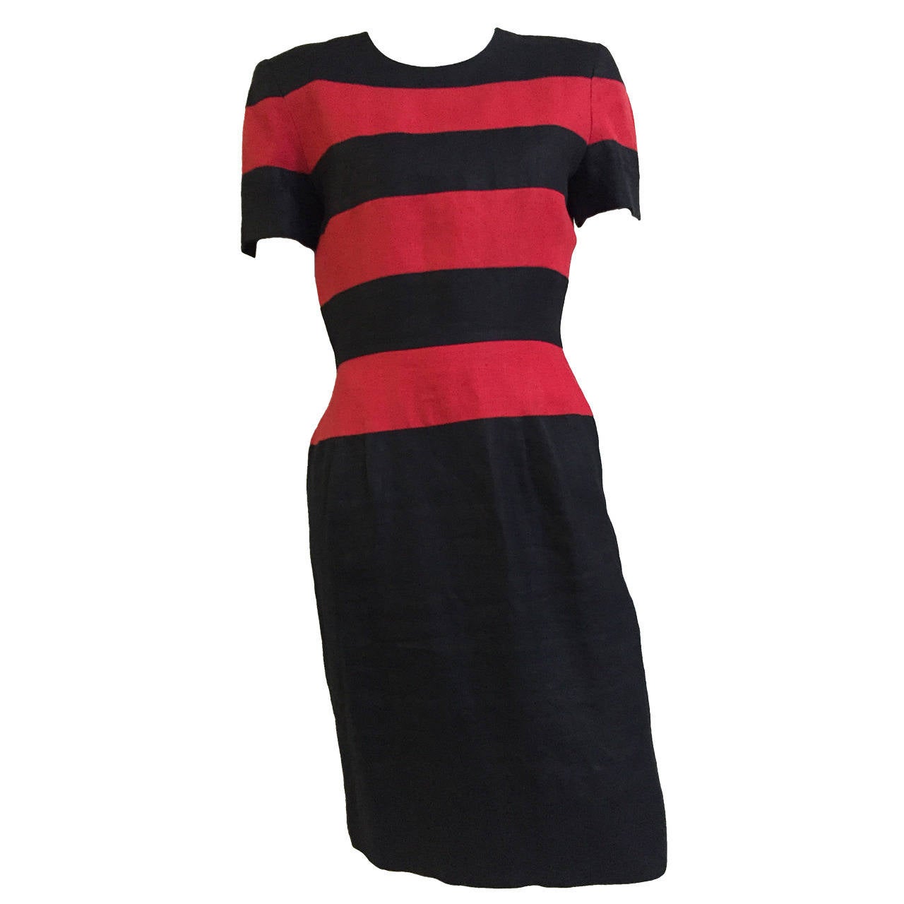Scaasi Black and Red Linen Striped Sheath Dress, Size 6  For Sale