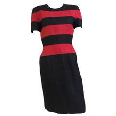 Retro Scaasi Black and Red Linen Striped Sheath Dress, Size 6 