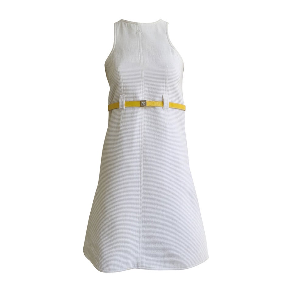 Courreges White Cotton Dress with Belt Size 6. For Sale