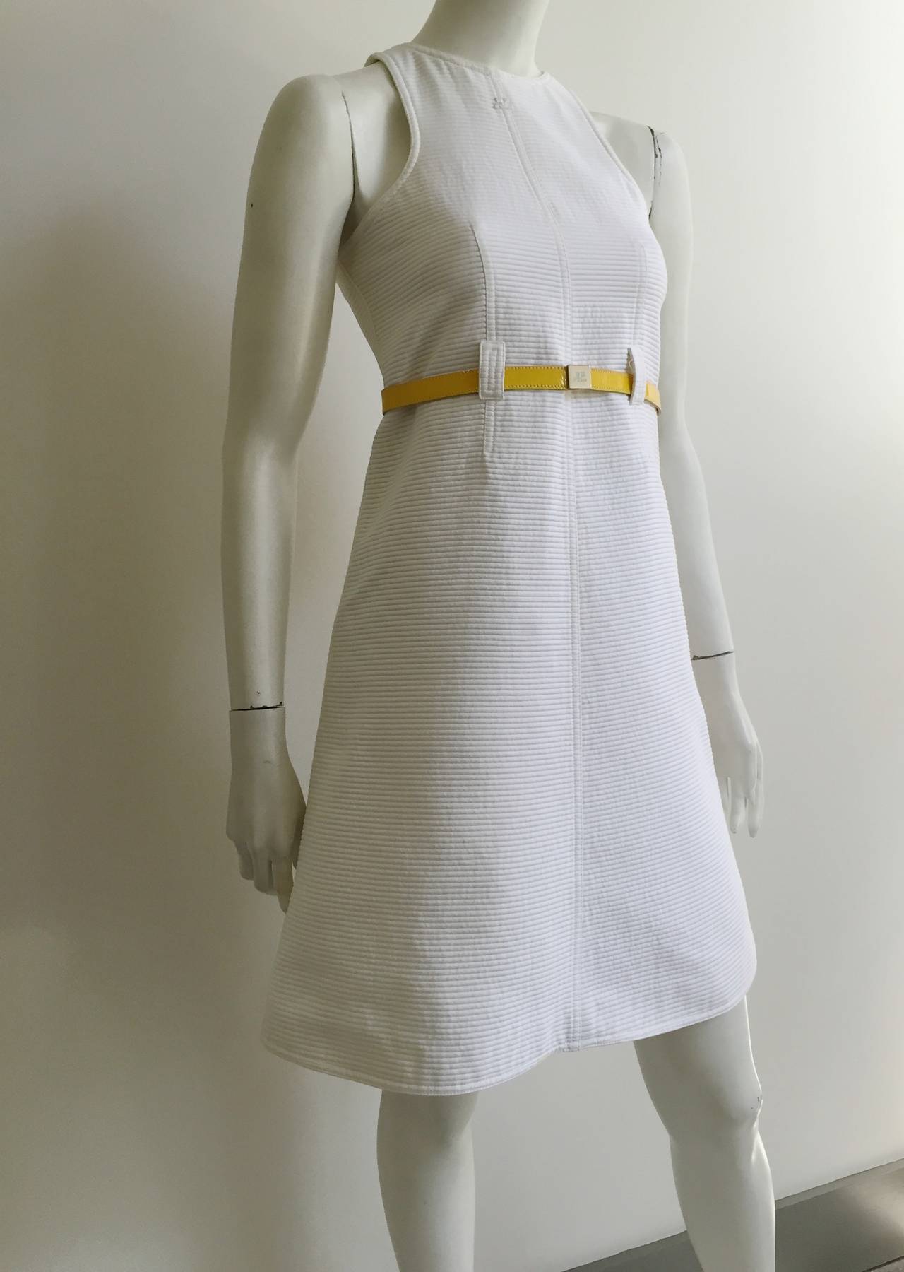 Gray Courreges White Cotton Dress with Belt Size 6. For Sale