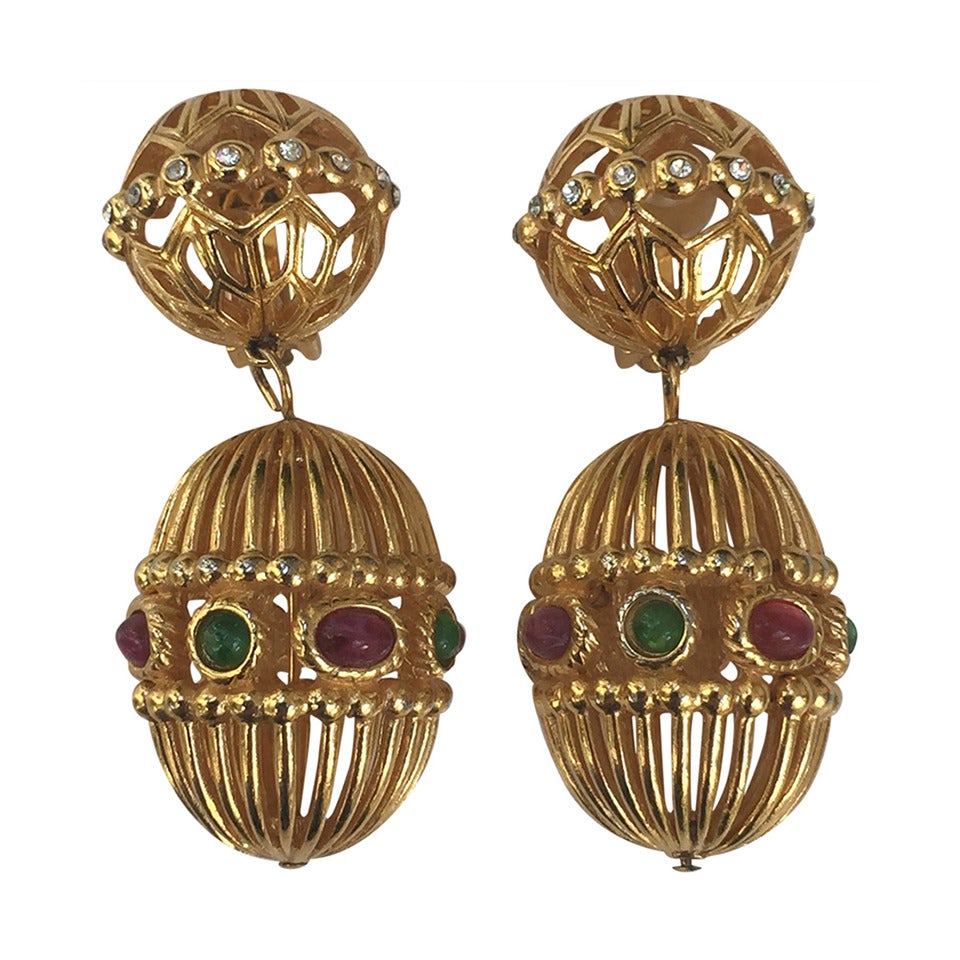 Dior 90s gold bird cage drop clip earrings. For Sale