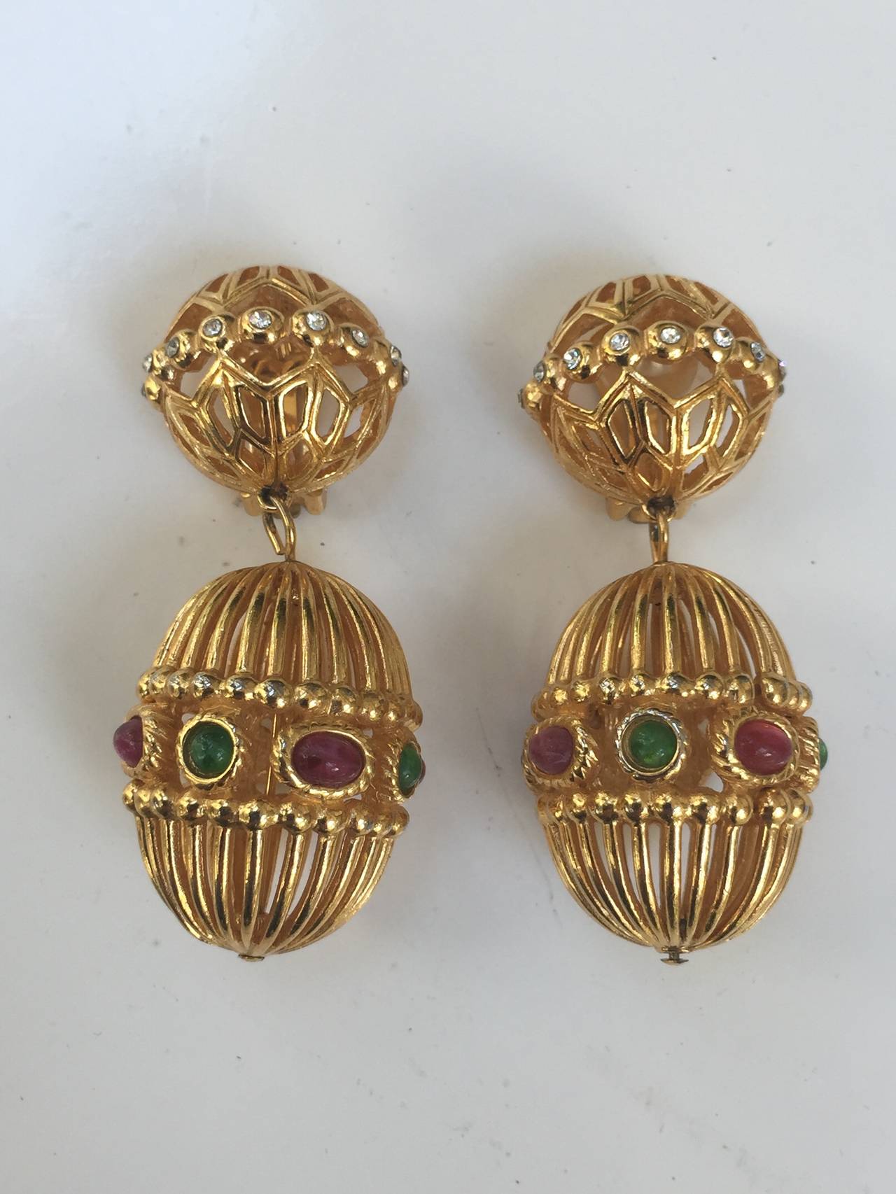 Christian Dior 1990s gold plated with crystals & faux stones bird cage design drop clip earrings. 
2.5