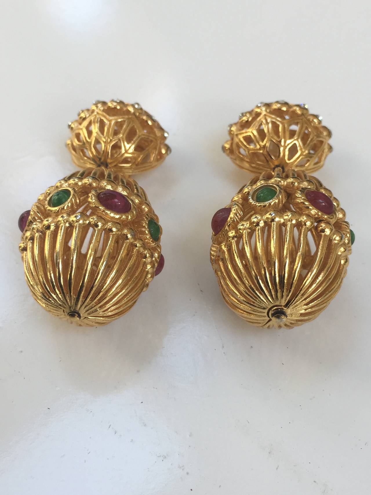 Contemporary Dior 90s gold bird cage drop clip earrings. For Sale