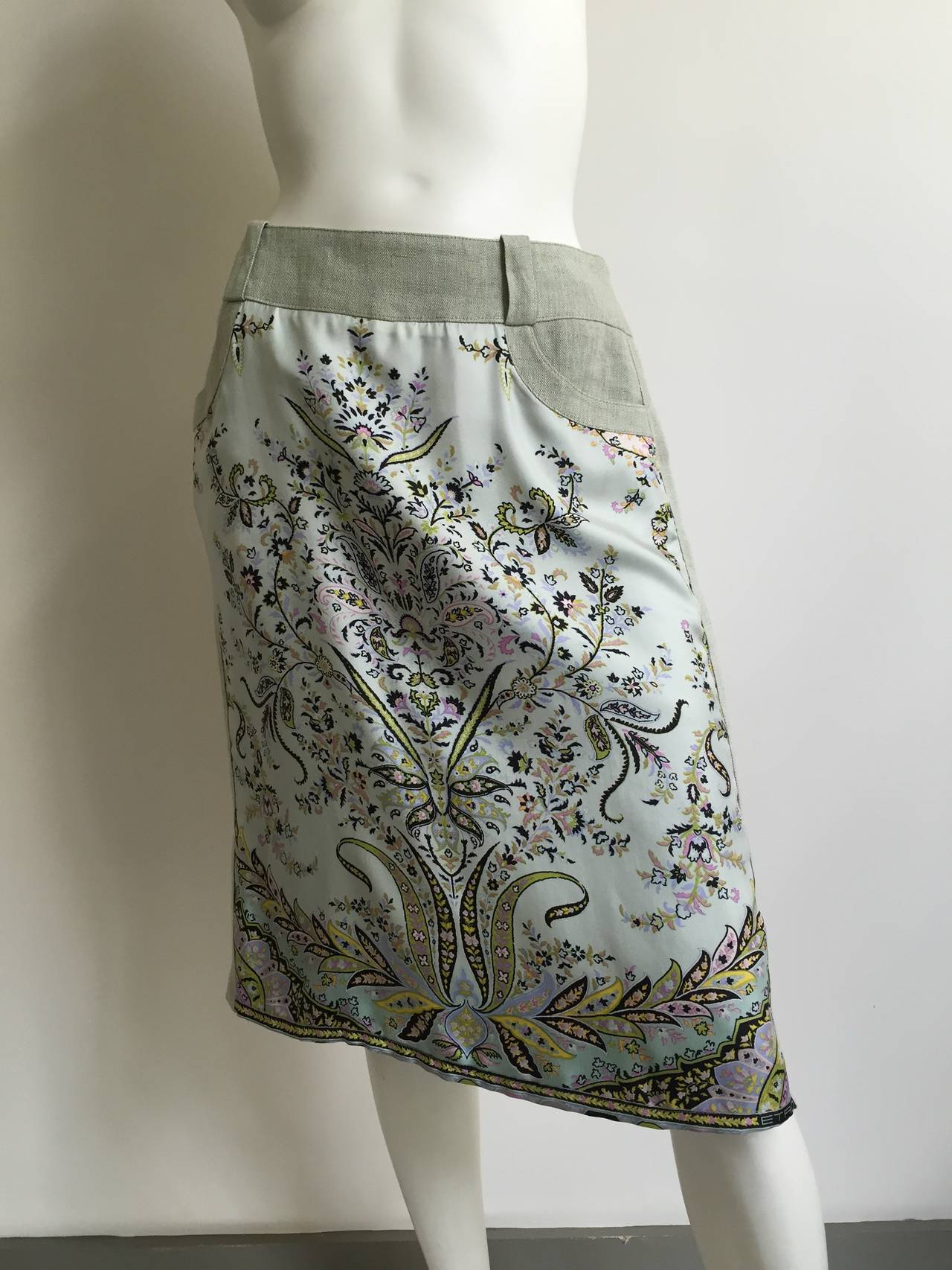 Etro silk and linen trim skirt is an Italian size 46 and fits an USA size 6.  Ladies please grab your tape measure so you can measure your waistline and hips to make certain this 29