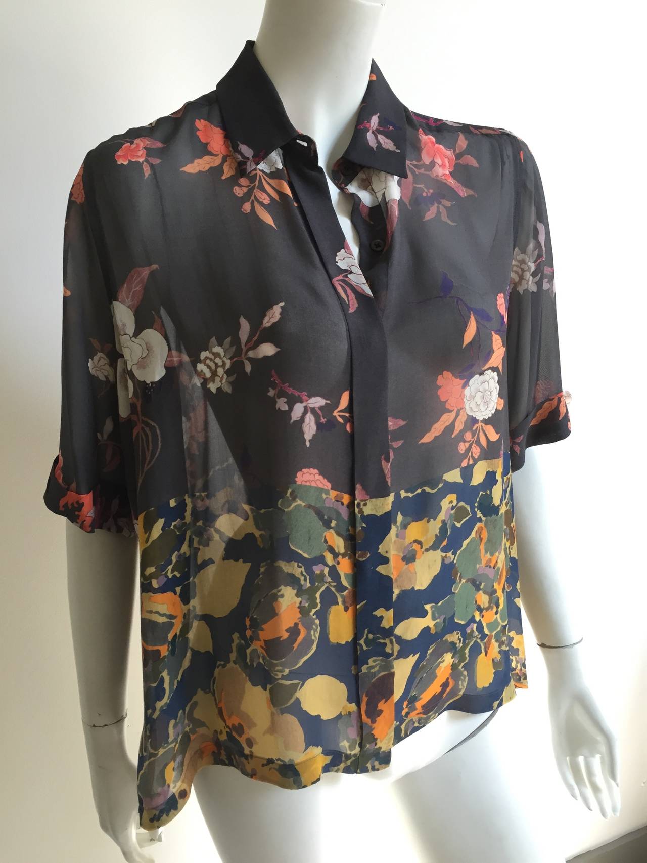 Dries Van Noten sheer Asian floral design silk loose blouse size 8 / 42. 
Measurements are:
48