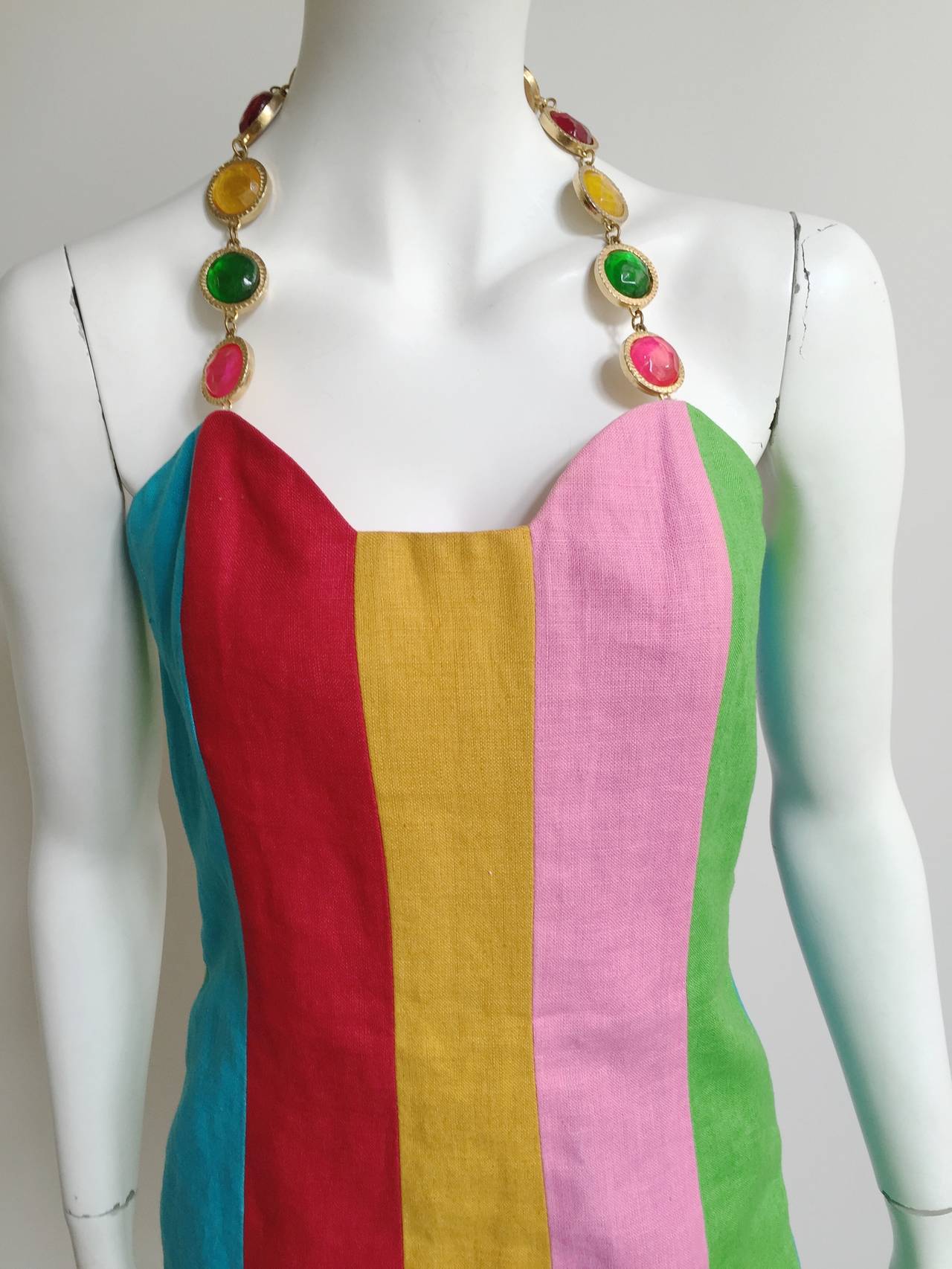 Gemma Kahng 1990s striped linen dress with colorful jewel adjustable neckline size 8 but please see and use measurements. Boned corset for complete structure & support. 
Measurements are:
37