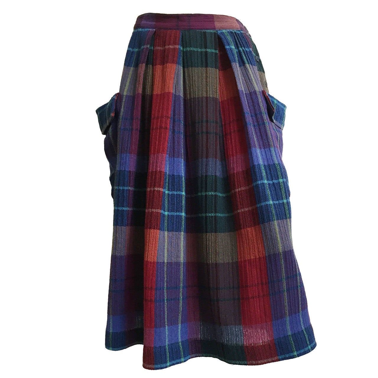 Mary McFadden Plaid Skirt with Side Pockets, 1980s   For Sale