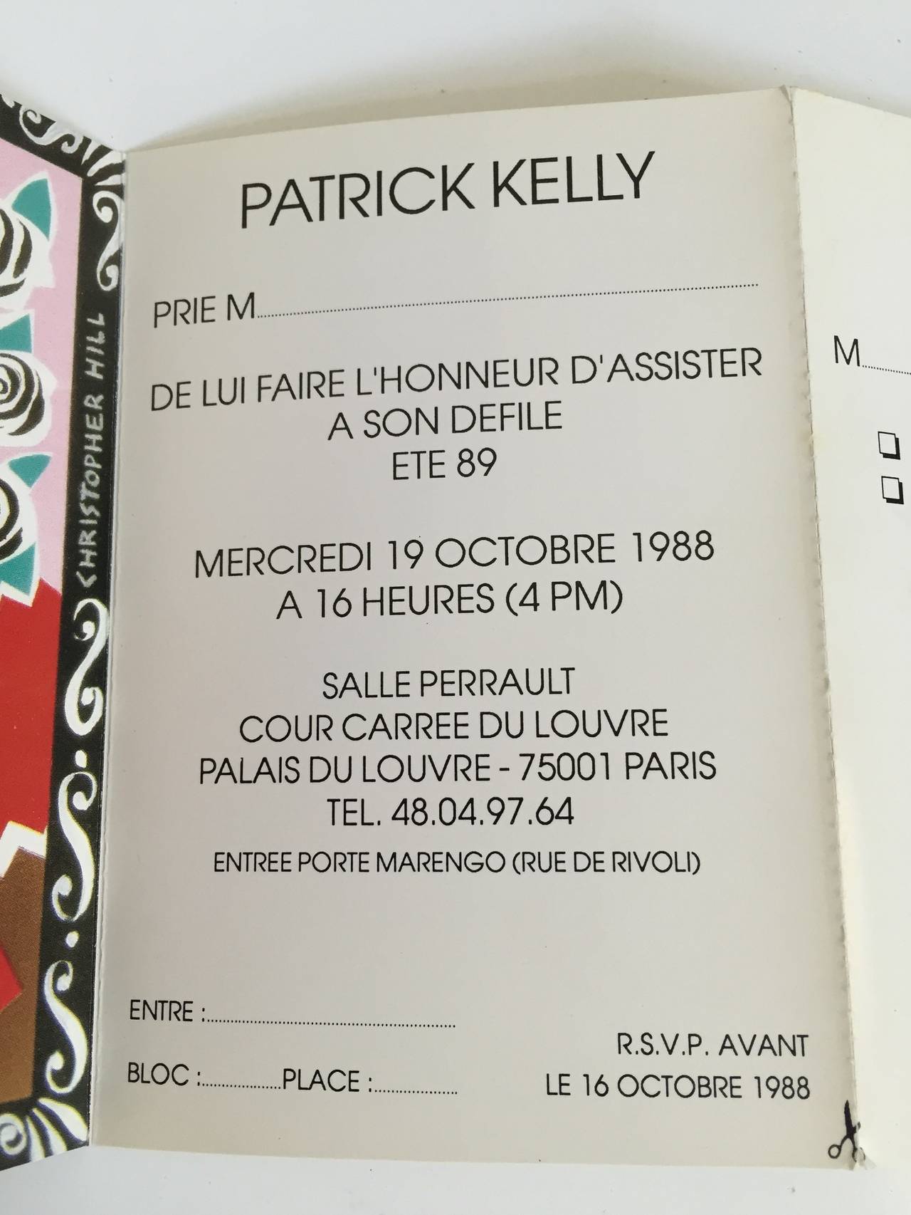 Women's Patrick Kelly 1988 Fashion Show Postcard Louvre Invitation. For Sale