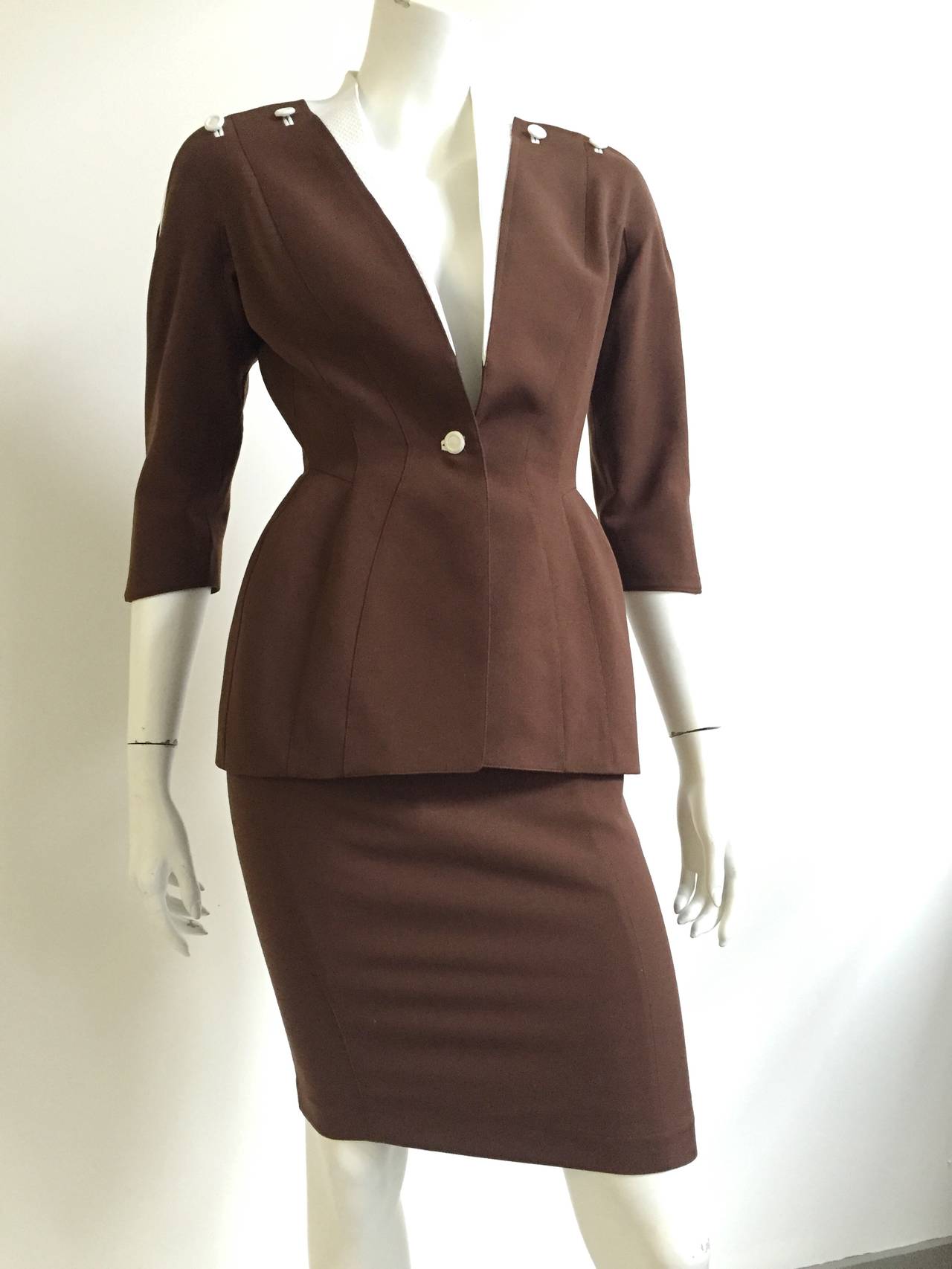 Thierry Mugler 80er Jahre Brauner Wollrock Anzug Größe 4.