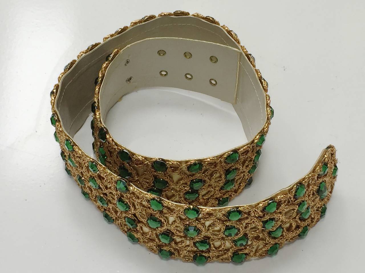 Lillie Rubin 70s gold rope with green rhinestones evening belt. 3