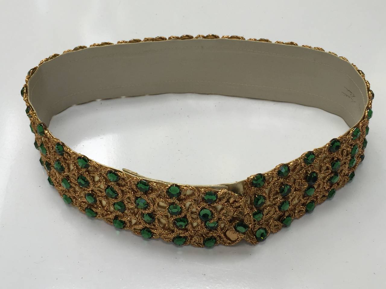 Lillie Rubin 70s gold rope with green rhinestones evening belt. 5