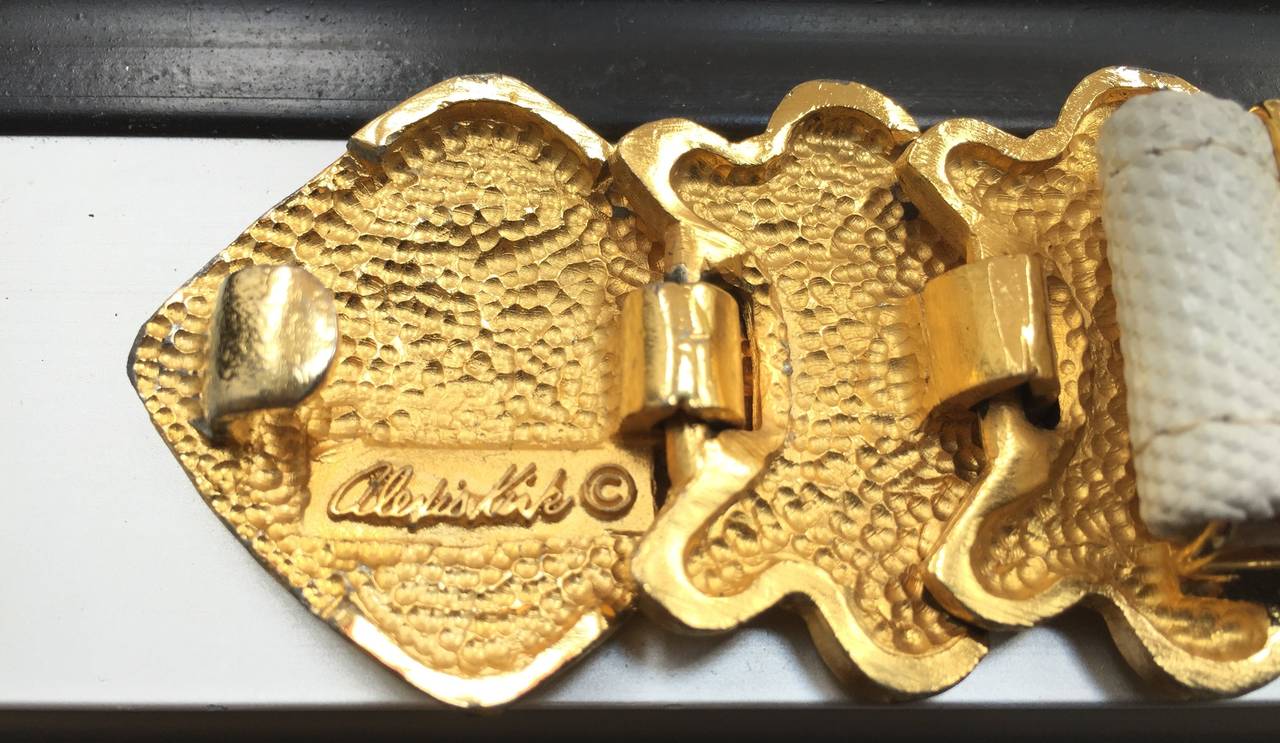 Alexis Kirk 1980s Gold Buckle with White Snake Skin Adjustable Belt. For Sale 3
