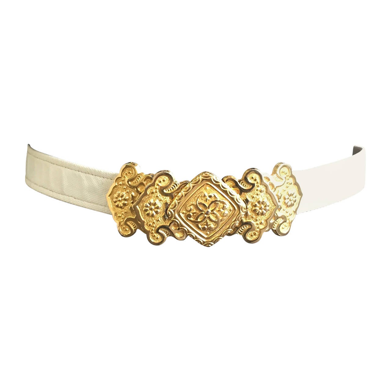 Alexis Kirk 1980s Gold Buckle with White Snake Skin Adjustable Belt. For Sale