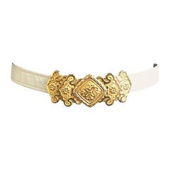 Retro Alexis Kirk 1980s Gold Buckle with White Snake Skin Adjustable Belt.