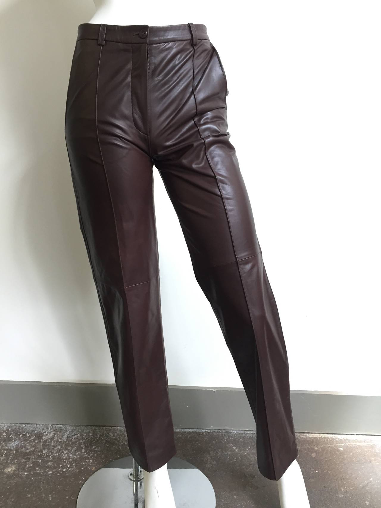 Bottega Veneta brown leather pants with pockets Italian size 40 but fits USA size 4.
Measurements are: 
29.1/2