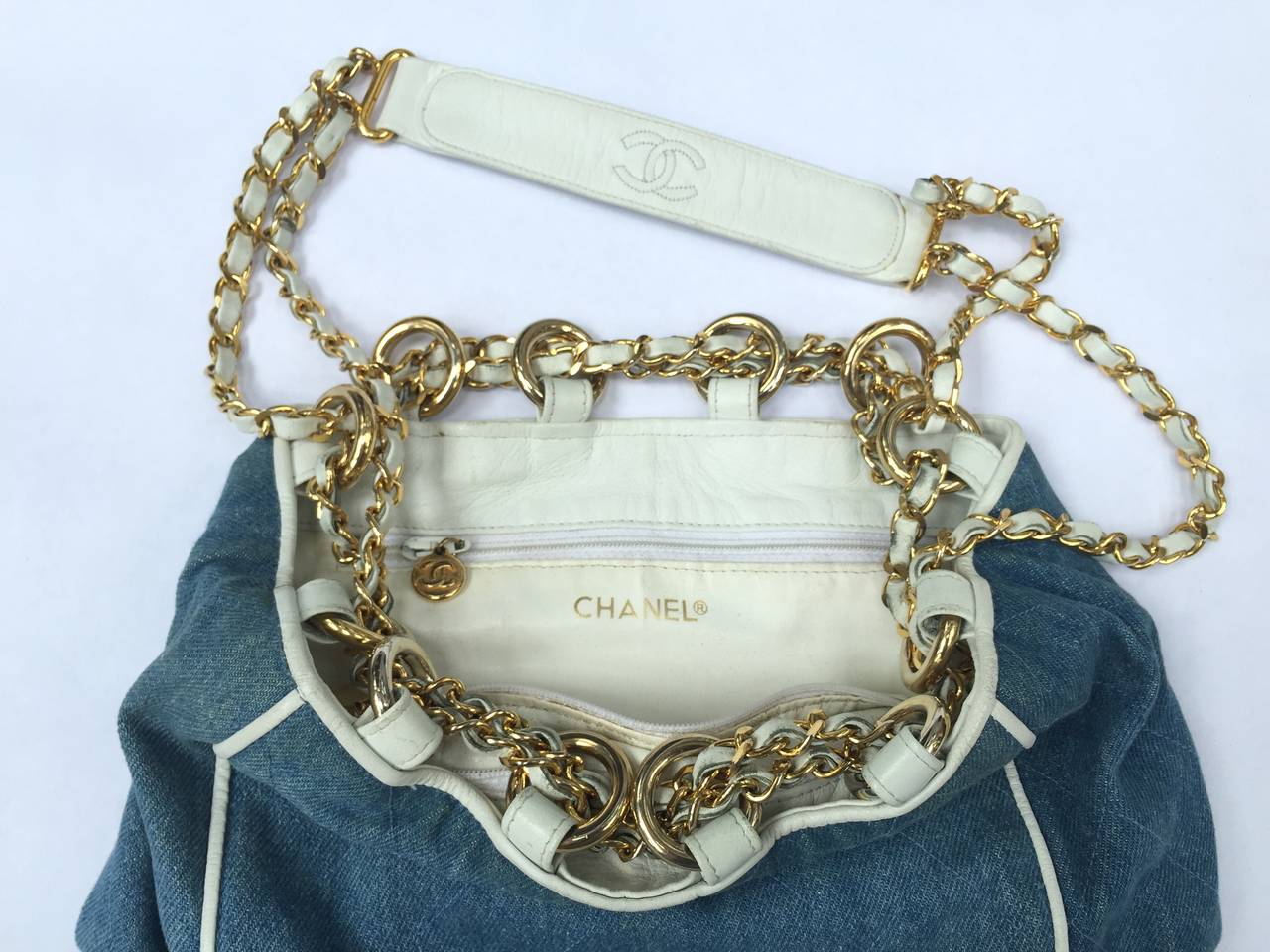 Women's Chanel denim white leather trim shoulder handbag.