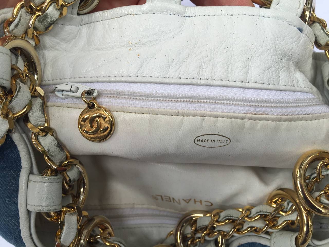 Chanel denim white leather trim shoulder handbag. 1