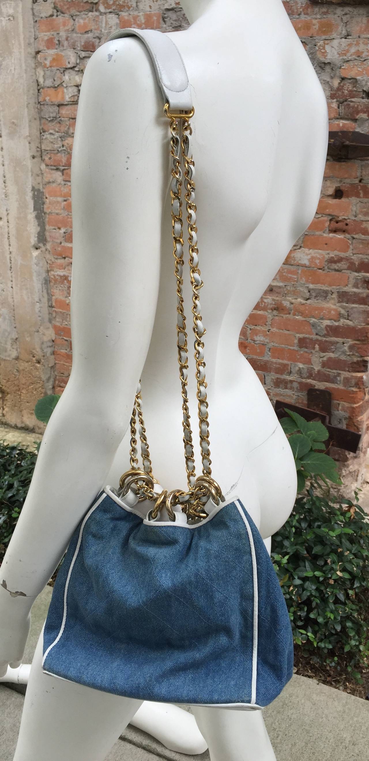 Chanel denim white leather trim shoulder handbag. 4