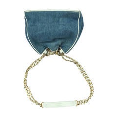 Chanel denim white leather trim shoulder handbag.