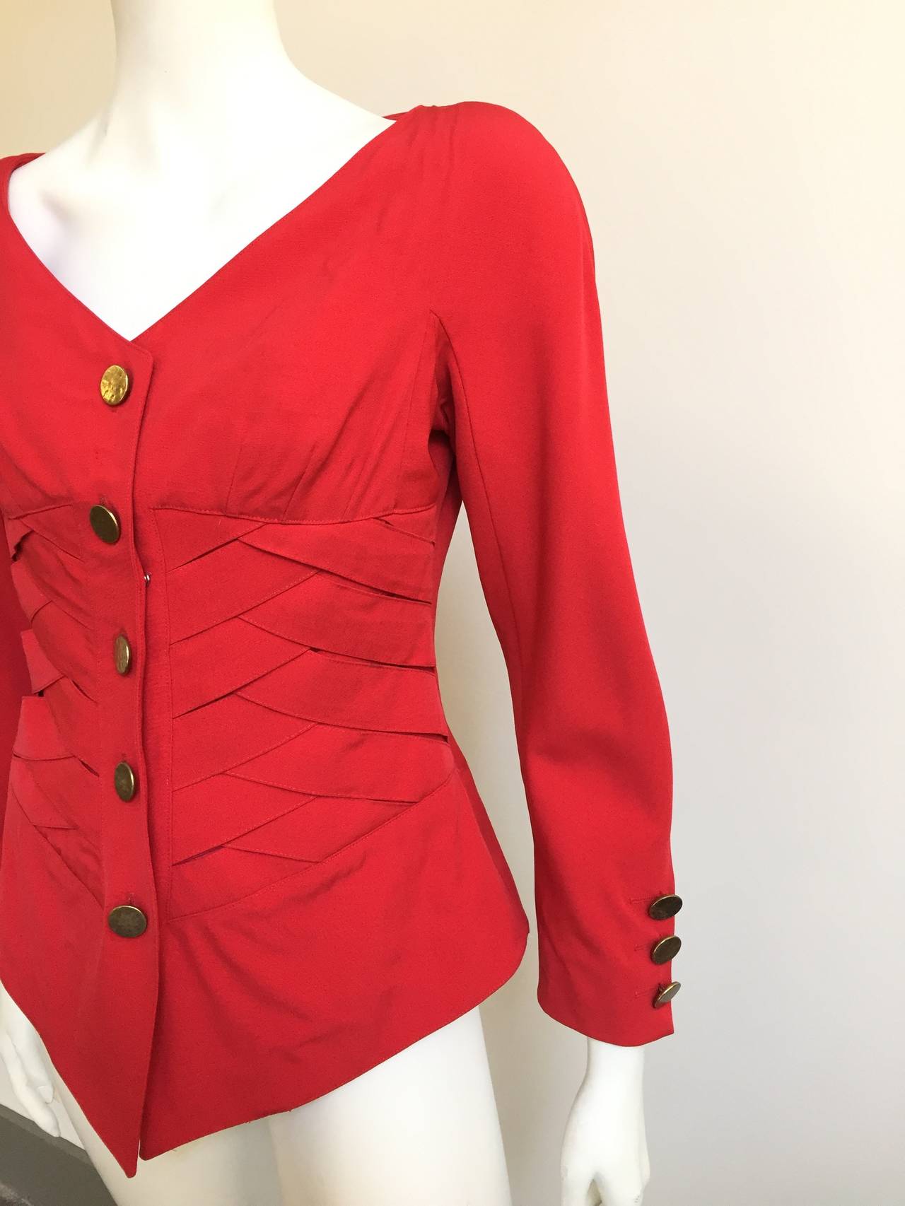 Jacques Molko 1980s Red Woven Wool Jacket Size 6. In Good Condition For Sale In Atlanta, GA