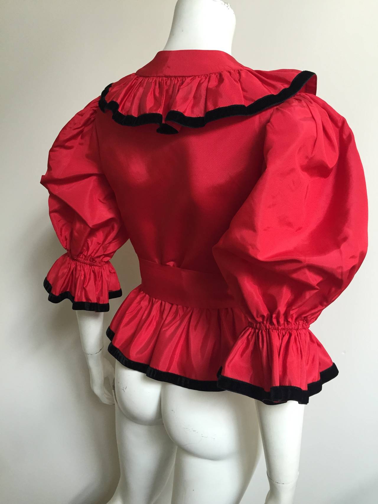 Women's Albert Capraro Red Silk Taffeta and Velvet Trim Blouse Size 4  For Sale