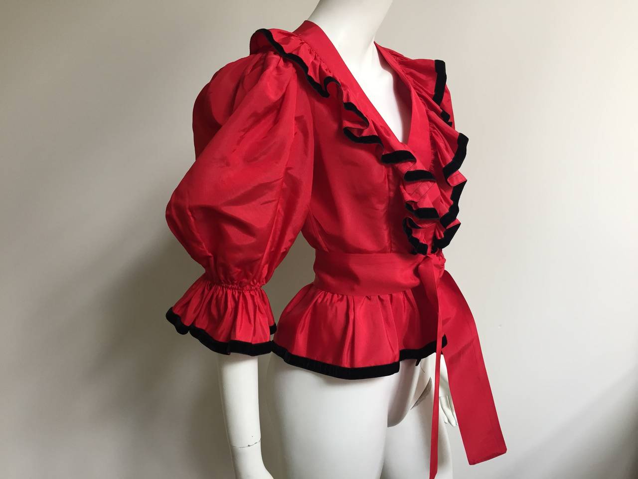 Albert Capraro Red Silk Taffeta and Velvet Trim Blouse Size 4  For Sale 1