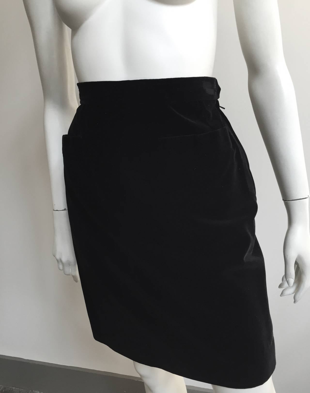Saint Laurent Rive Gauche 1980s black thick velvet evening pencil skirt is a vintage French size 42 but fits like a modern day USA size 6.  The waist is 29. 1/2