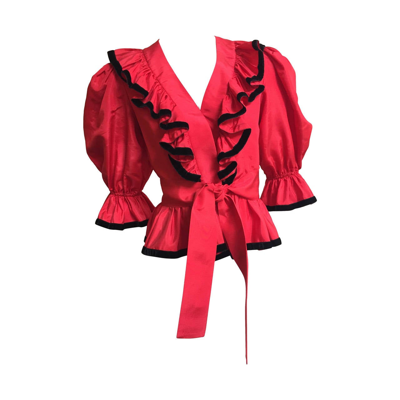 Albert Capraro Red Silk Taffeta and Velvet Trim Blouse Size 4  For Sale