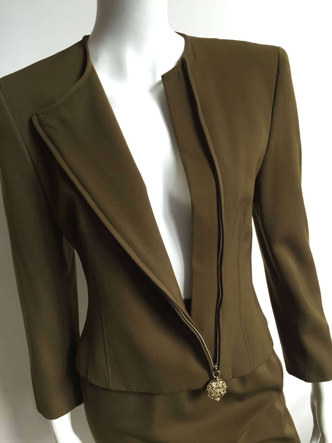 Genny by Versace Olive Skirt Suit Size 4 In Good Condition In Atlanta, GA