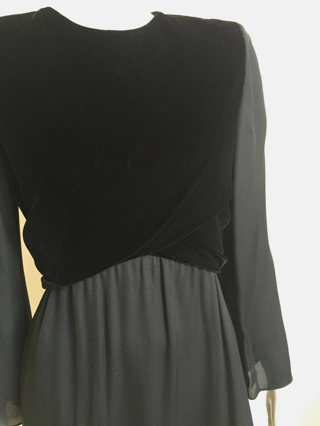 Bill Blass for Saks Fifth Avenue 1980s black silk chiffon & velvet bodice evening dress is a vintage size 10 but fits like a modern USA size 4/6.  Please see & use the measurements below to properly measure that lovely body. The waist on this dress