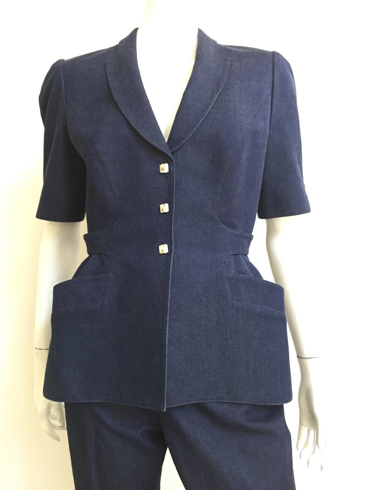 Thierry Mugler 1980s navy denim cotton jacket with pedal pushers suit is a French size 42 but fits like a modern USA size 8.  Please see & use the measurements below so you can measure your bust & waist to make sure this FAB suit will fit