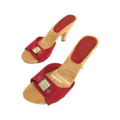 Chanel red suede wooden heels size 38.