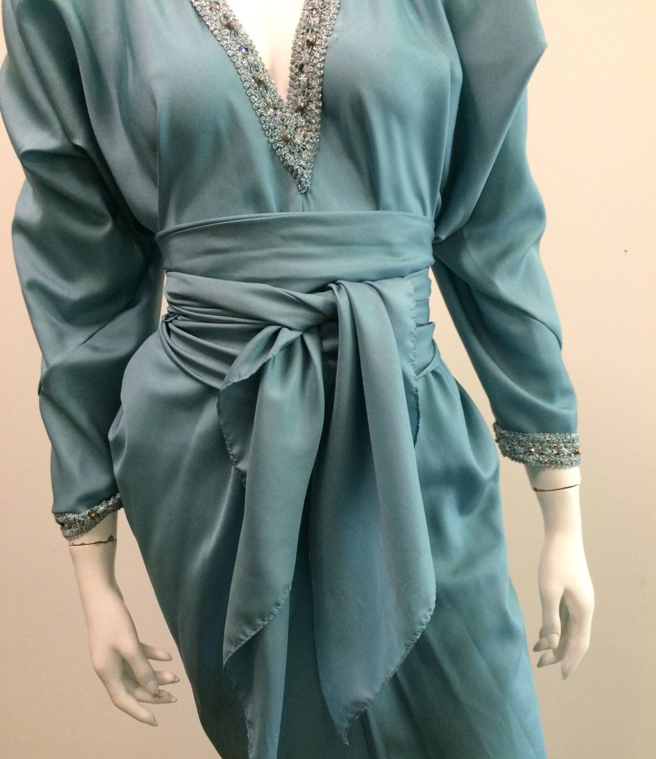 Halston 70s caftan / gown with beading trim and sash. 1