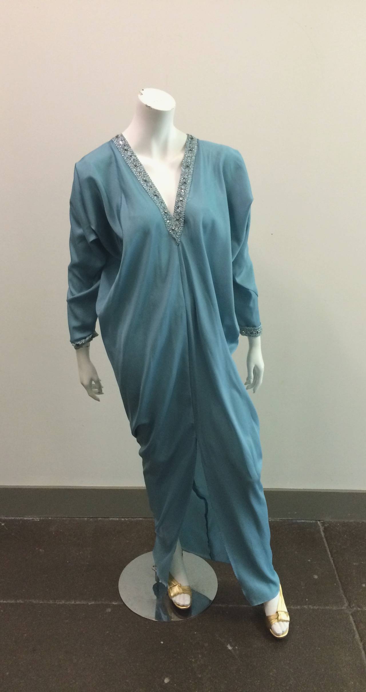 Halston 70s caftan / gown with beading trim and sash. 3