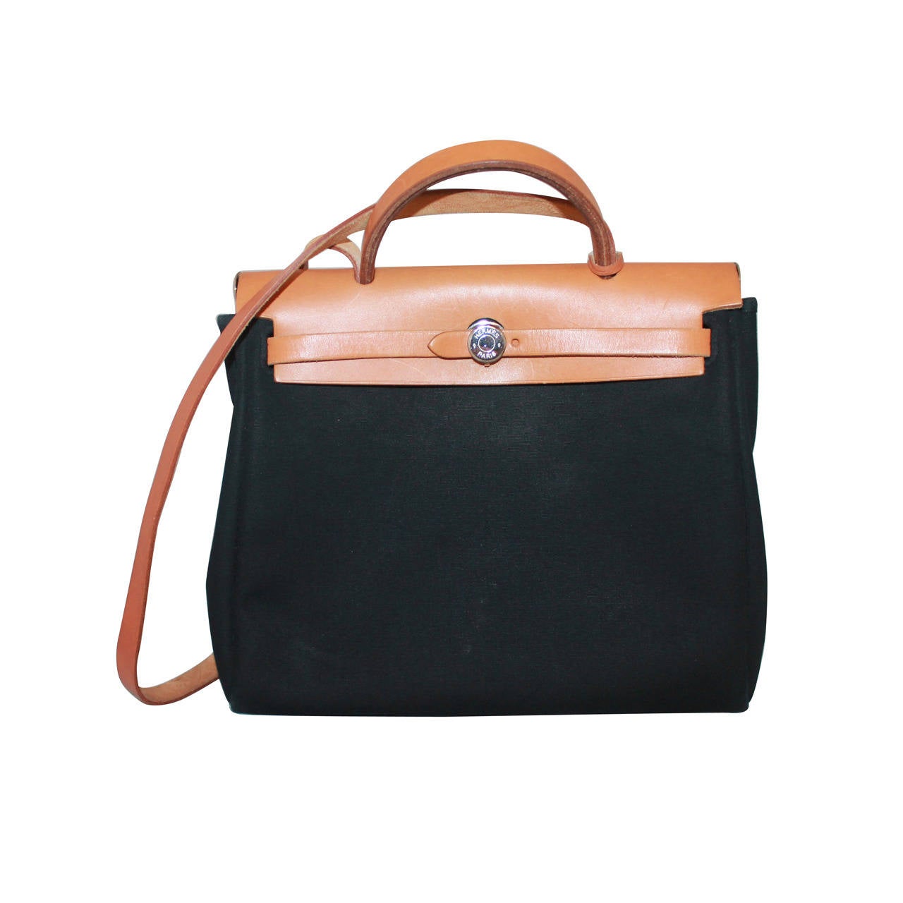 Hermes Gold Leather Tan and Black Canvas &quot;Her&quot; Bag 31 cm at 1stdibs