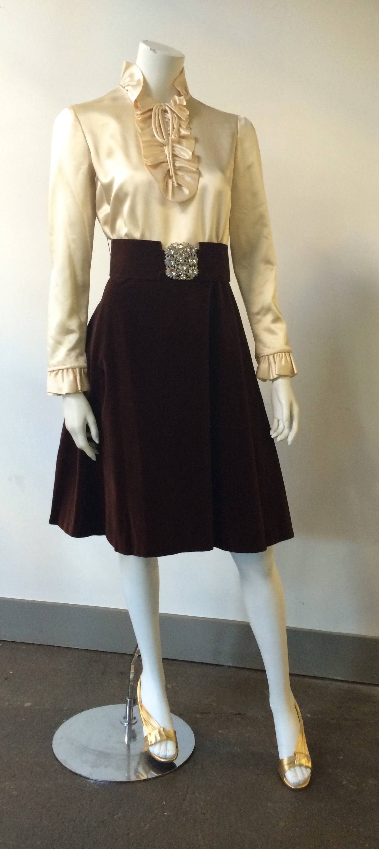 Teal Traina 60s cream silk ruffled top and brown velvet dress, velvet matching jacket and rhinestone belt (all with original stones). This 3 piece vintage set is breathtaking. You can wear the dress with or without belt or jacket, so this ensemble