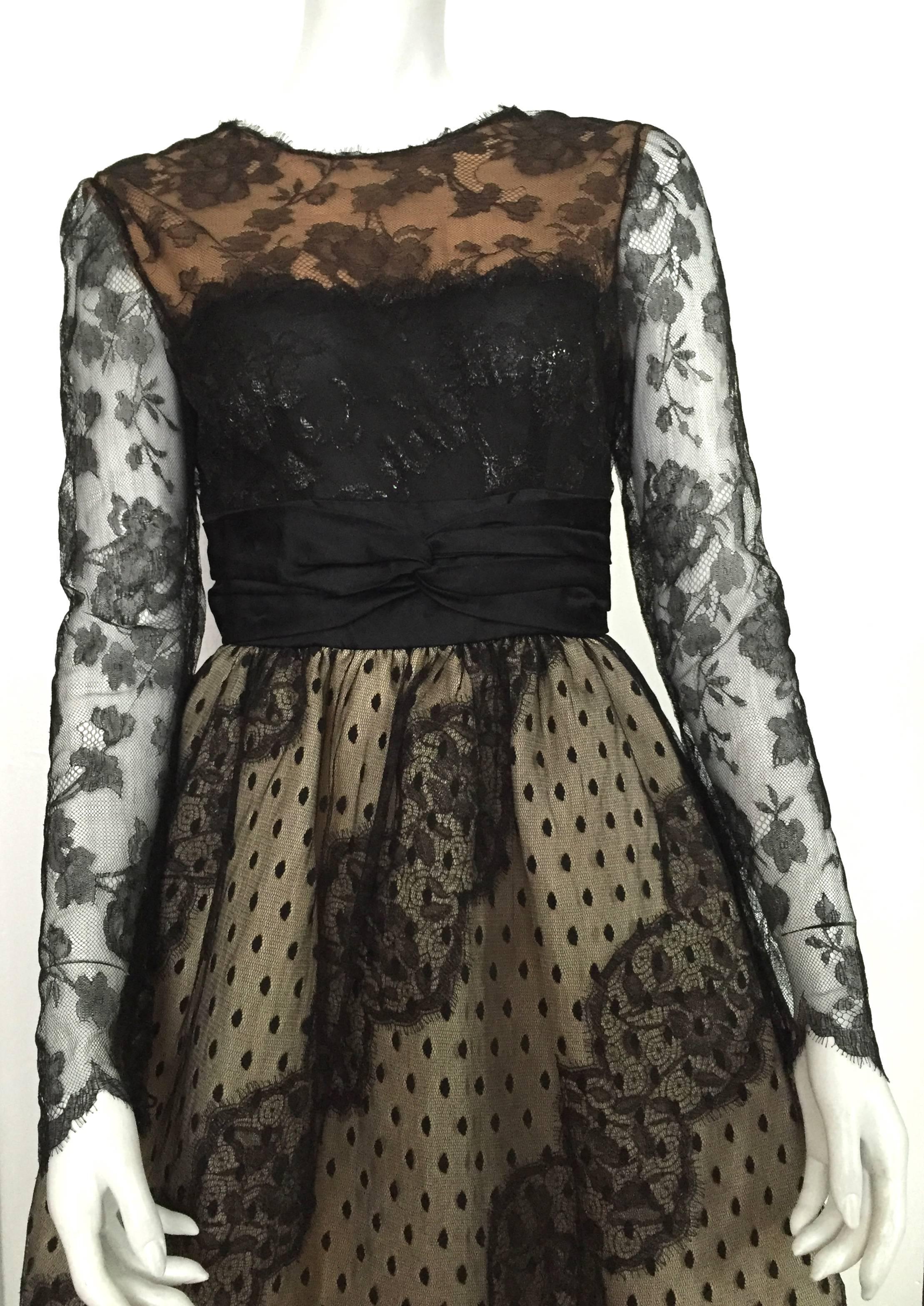 Bill Blass for Saks Fifth Avenue late 1970s black lace overlay & black swirls of lace appliqué on ivory silk taffeta skirt is a vintage size 6 but fits like a modern USA size 4. Please see & use measurements below to insure you can properly fit this