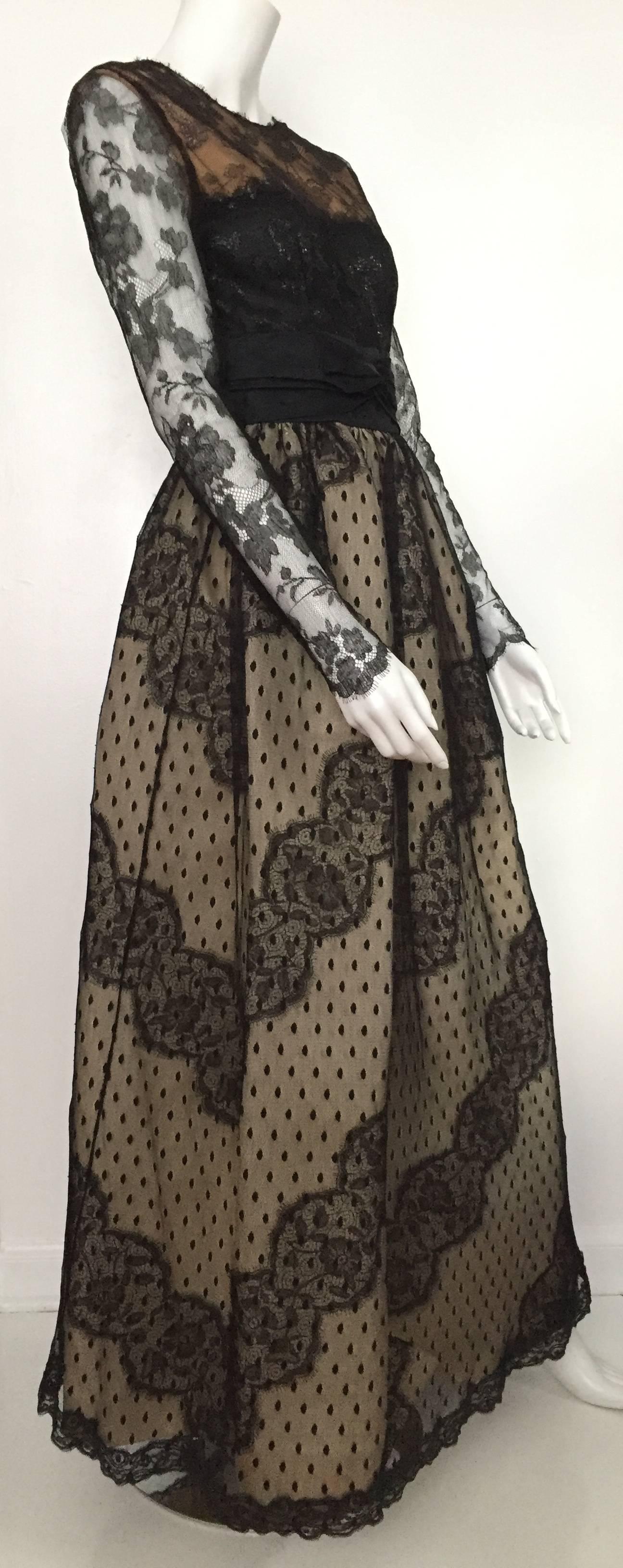 Women's Bill Blass for Saks 1970s Black Lace and Ivory Silk Taffeta Gown Size 4. For Sale