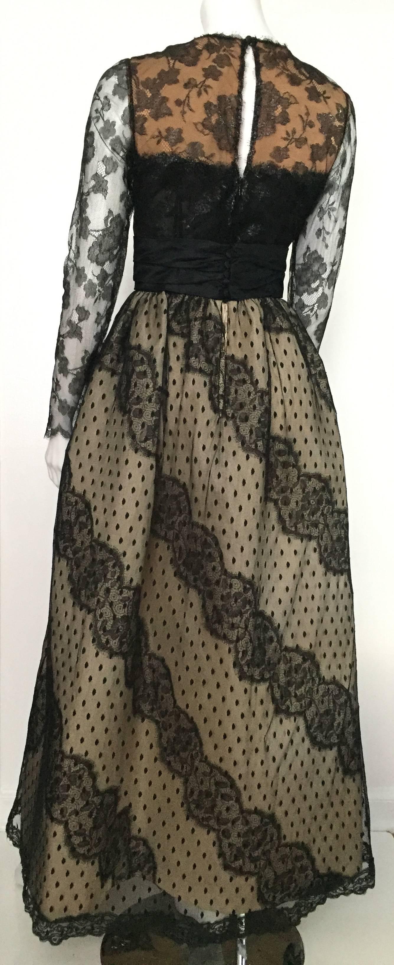 Bill Blass for Saks 1970s Black Lace and Ivory Silk Taffeta Gown Size 4. For Sale 1