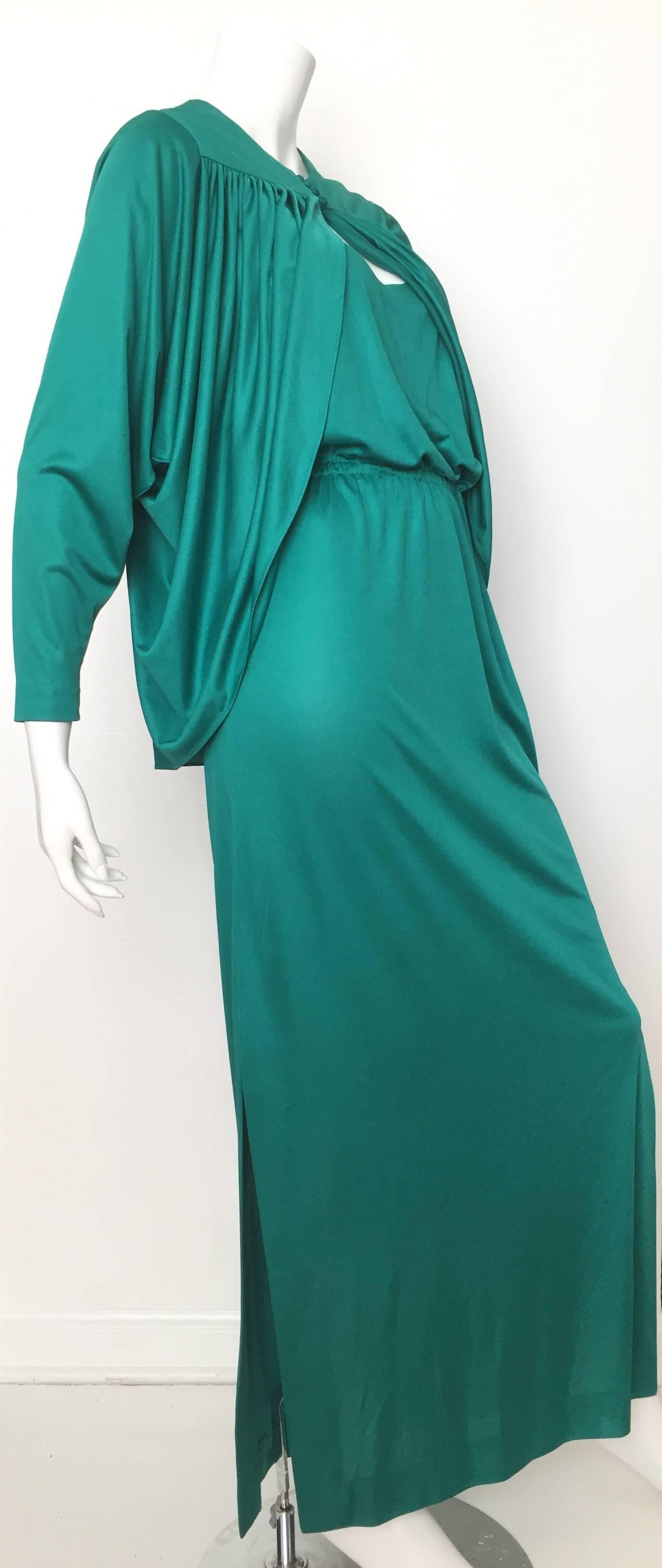 Women's I.Magnin 1970s Maxi Green Dress with Dolman Sleeve with Jacket Size 4. 