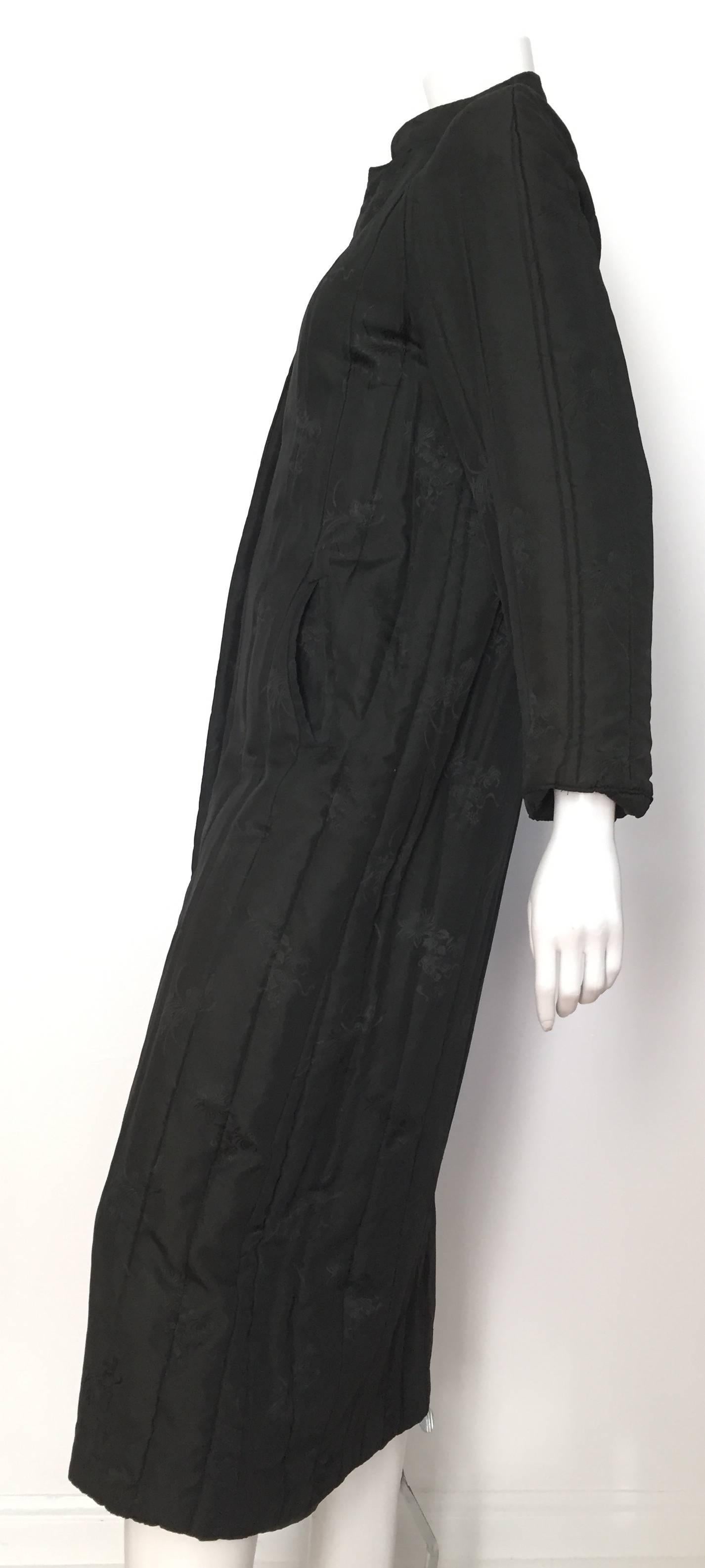 Bergdorf Goodman long black silk quilted coat, 1980s 1