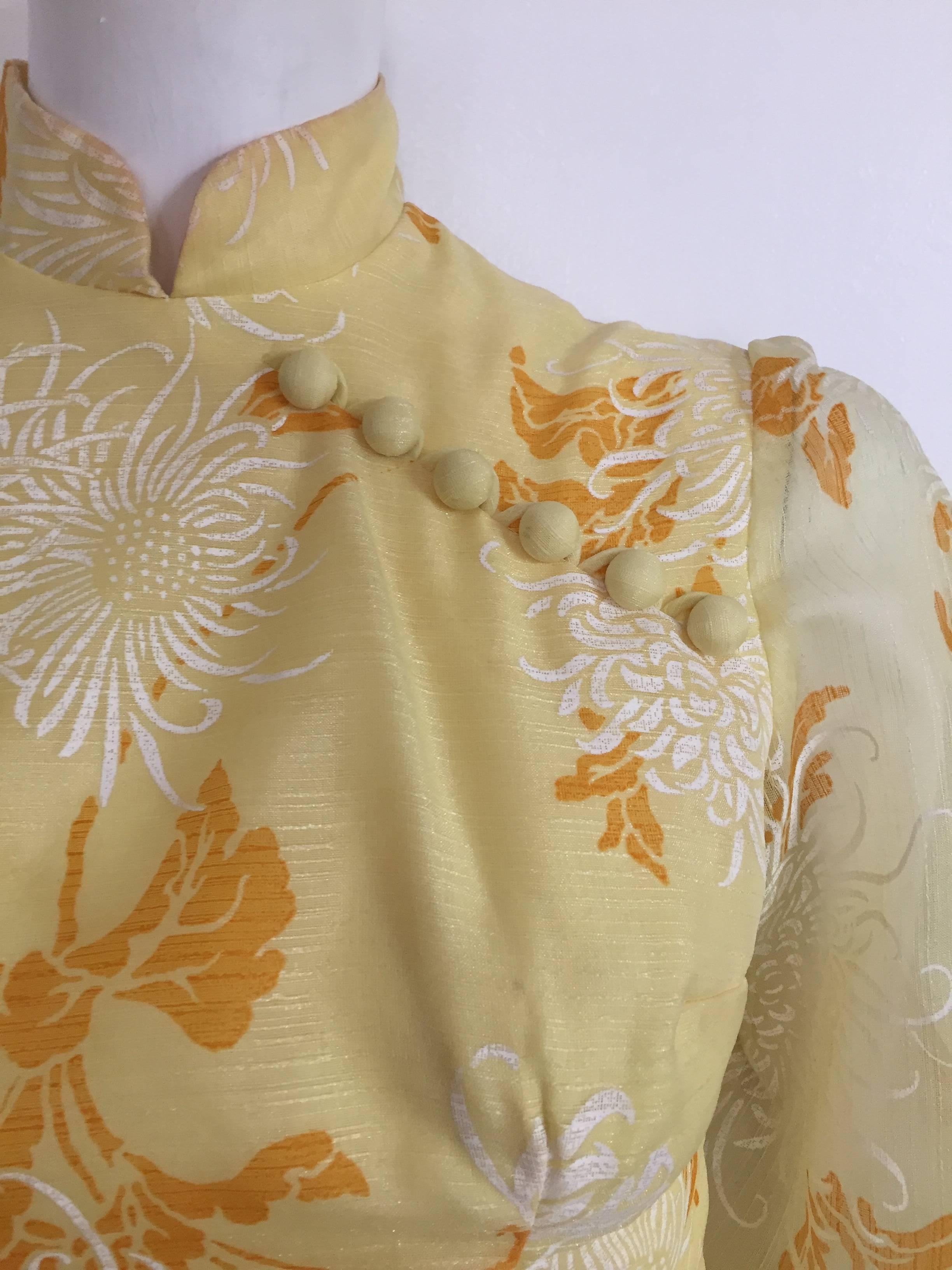Beige Alfred Shaheen Yellow Floral Maxi Gown Size 4  For Sale