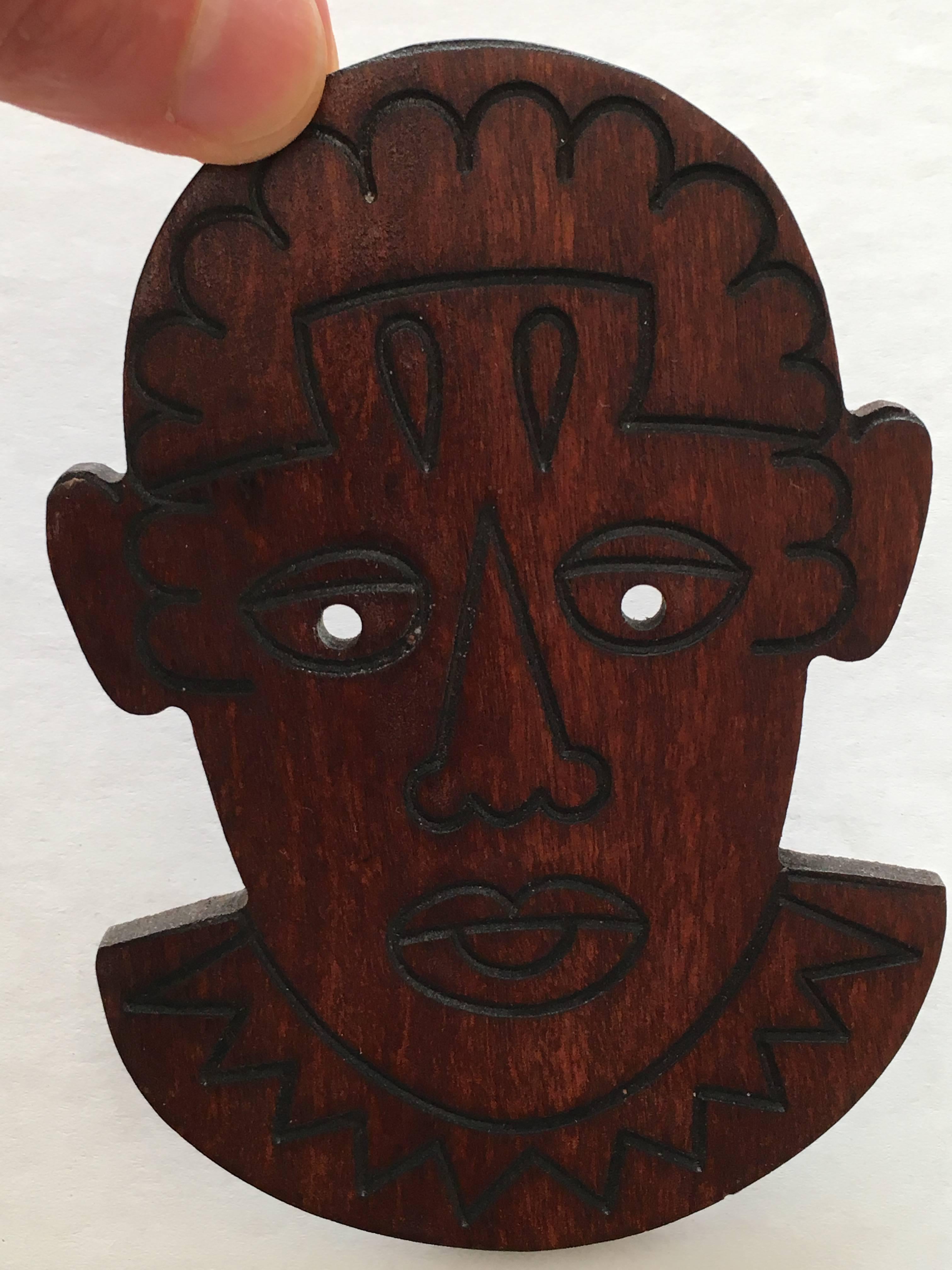 Patrick Kelly Paris 1989 African Wooden Face Cutout Pin.  For Sale 2