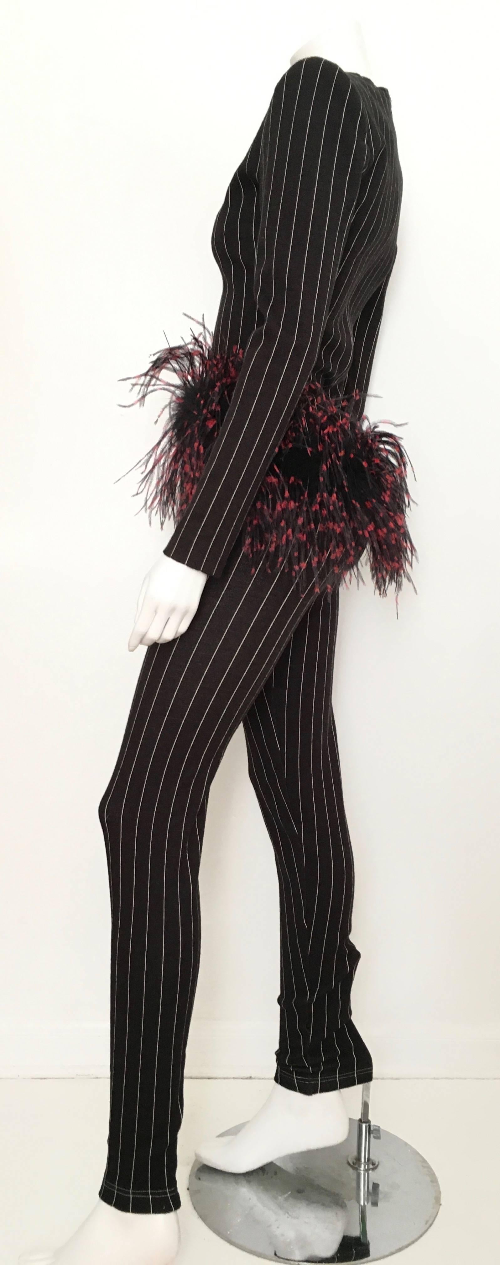 Patrick Kelly Paris 1987 feather trim striped jacket & skin tight stretch pants size 4 / 6 ( please see & use measurements). This is from the private collection of Carol Martin who was a long time friend to Patrick Kelly.   This outfit is perfect