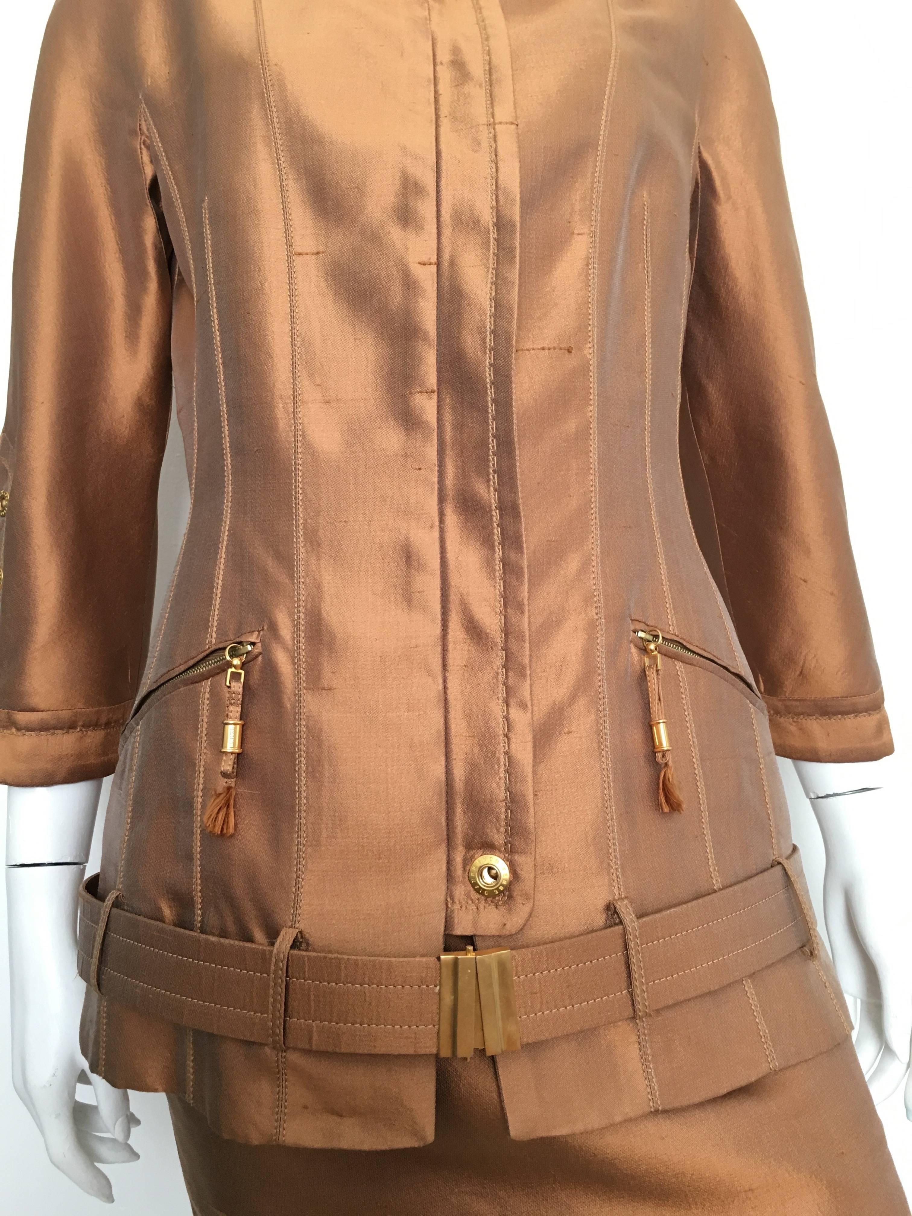 Brown Gianfranco Ferre 90s Silk Copper Metallic Skirt Suit Size 4. For Sale