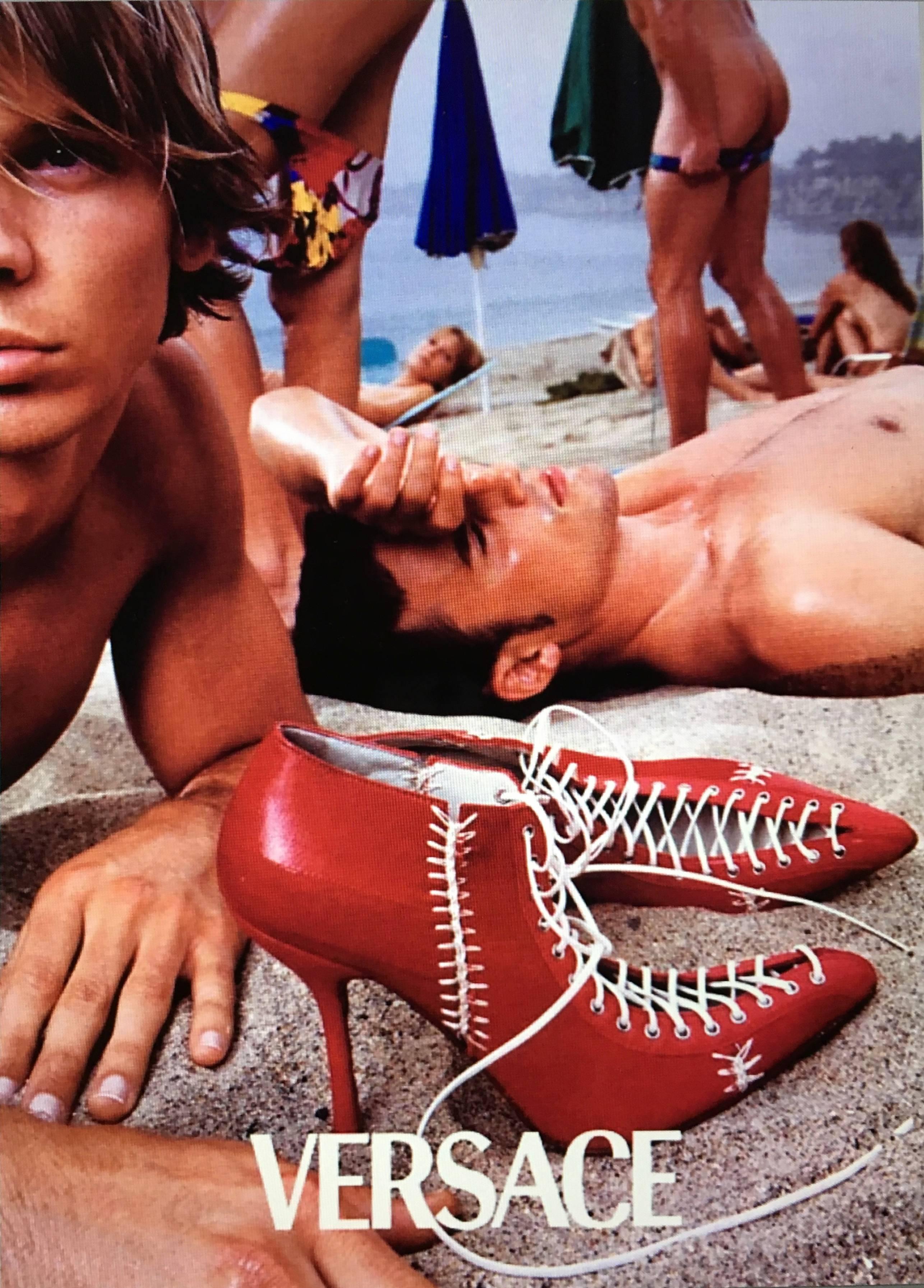 Gianni Versace Spring / Summer 2002 collection red canvas & eel skin patchwork lace up stiletto size 37 or USA size 7.
The identical shoe was featured in the 2002 spring / summer campaign  photographed by Steven Meisel. 
4