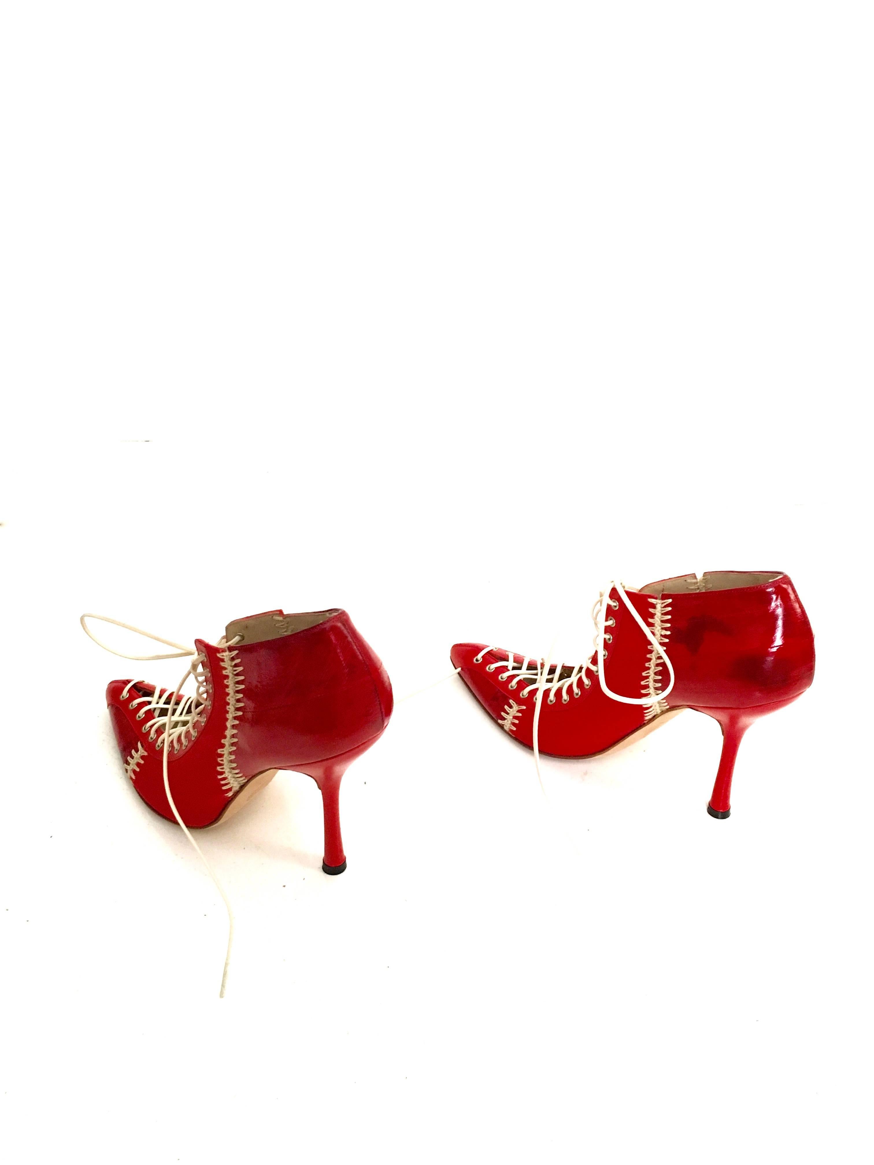 Gianni Versace 2002 Red Patchwork Eel Lace Up Stiletto Size 37. For Sale 1