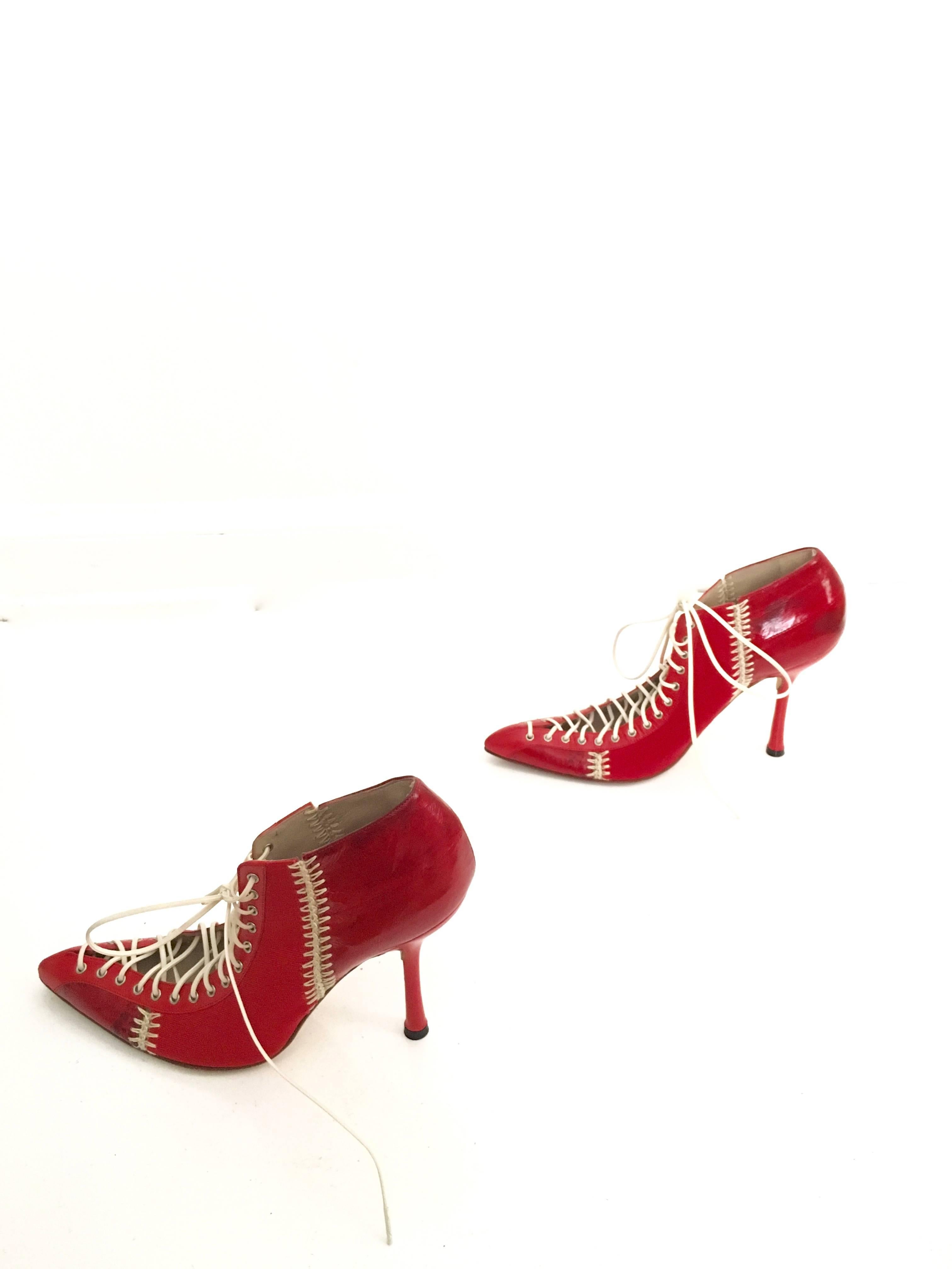 Gianni Versace 2002 Red Patchwork Eel Lace Up Stiletto Size 37. For Sale 2
